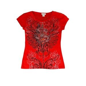 Vintage Ounashi Women's Red Embellished Top with Rhinestone Design